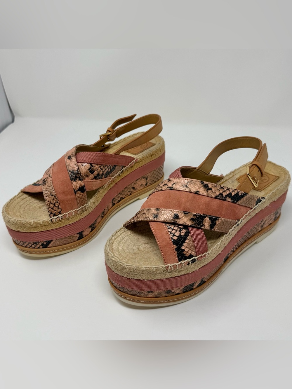 NWT Tory Burch Grosgrain Platform Espadrille Sandals in Coral Snake Print Size 9